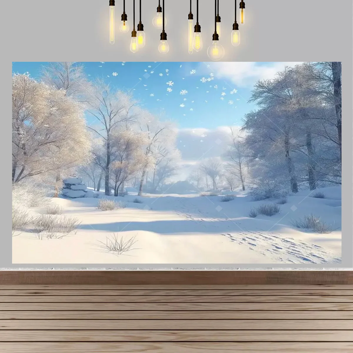 Plakat zimowa kraina - śnieżny las i wieś Jasnoszary