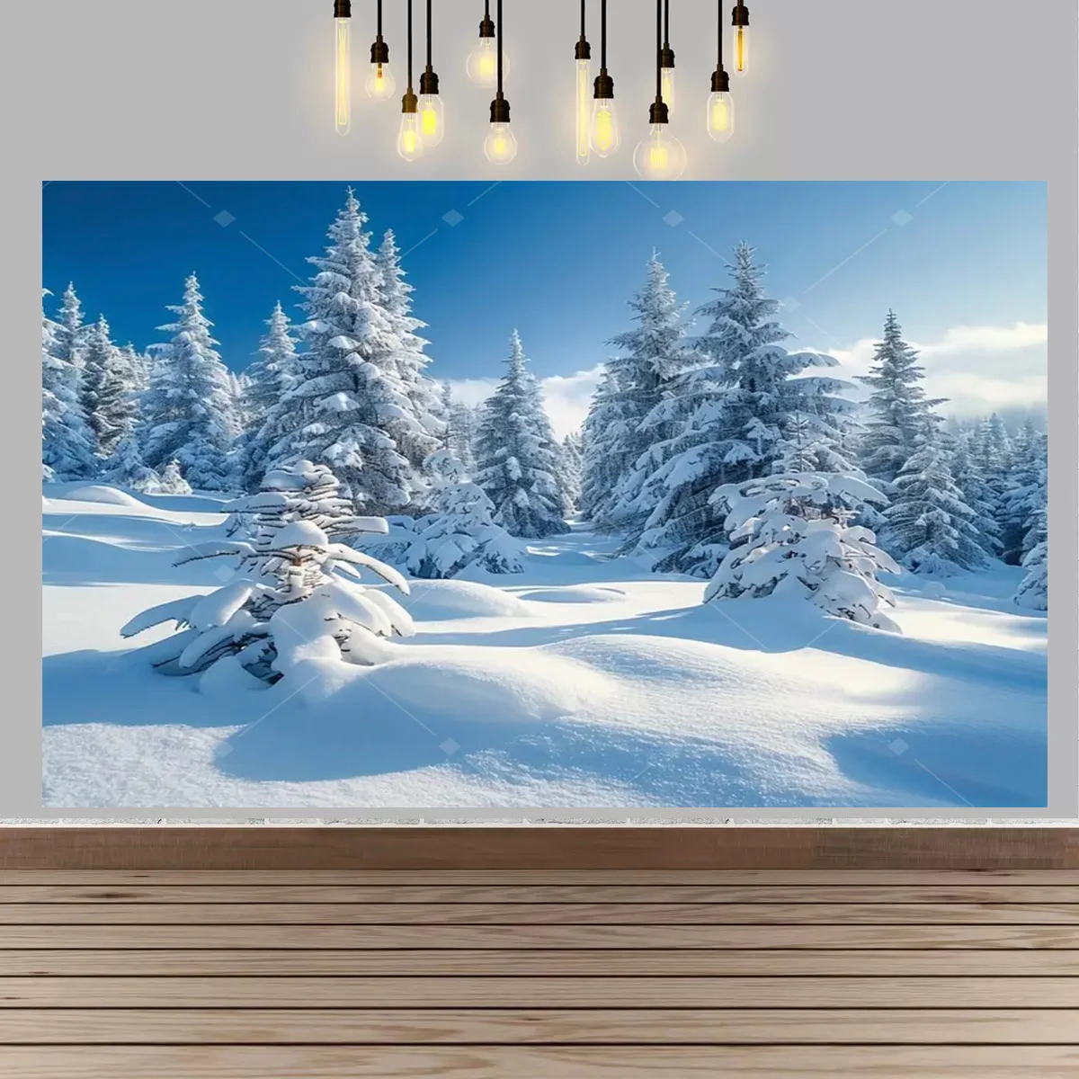 Plakat zimowa kraina - śnieżny las i wieś śliwka