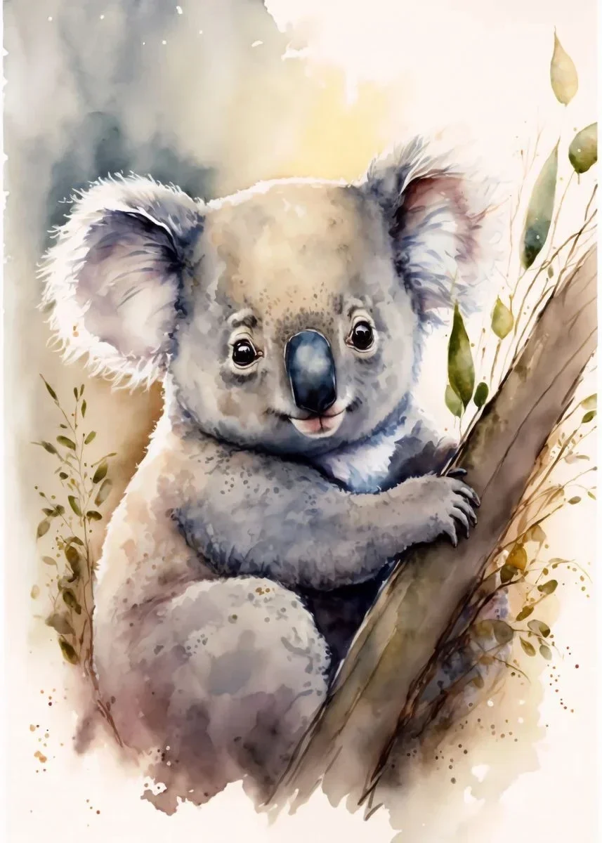 Słoń, panda i koala - plakat akwarelowy dla dzieci żółty