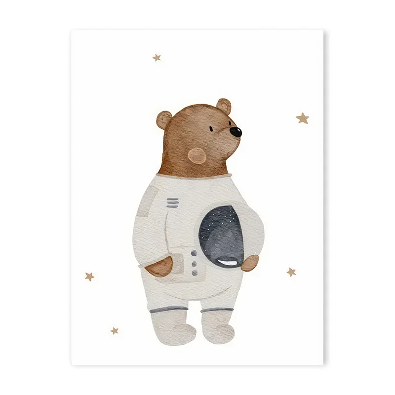Miś, panda i myszka z balonem - plakat boho dla dzieci Fioletowy