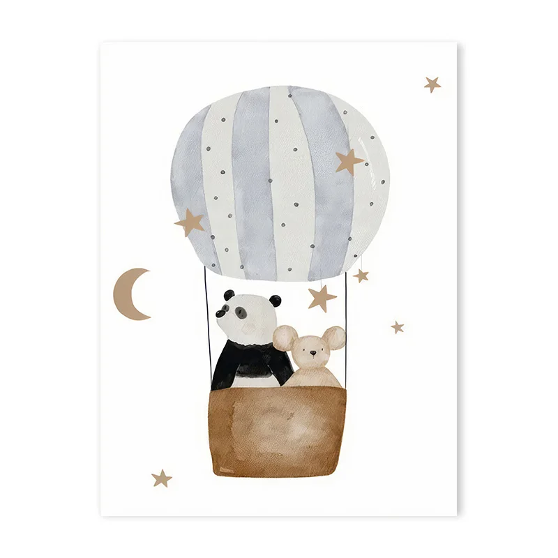 Miś, panda i myszka z balonem - plakat boho dla dzieci żółty