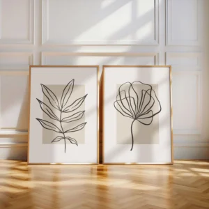Plakaty botaniczne line art z beżowymi kwiatami (zestaw 2 szt.) Biały