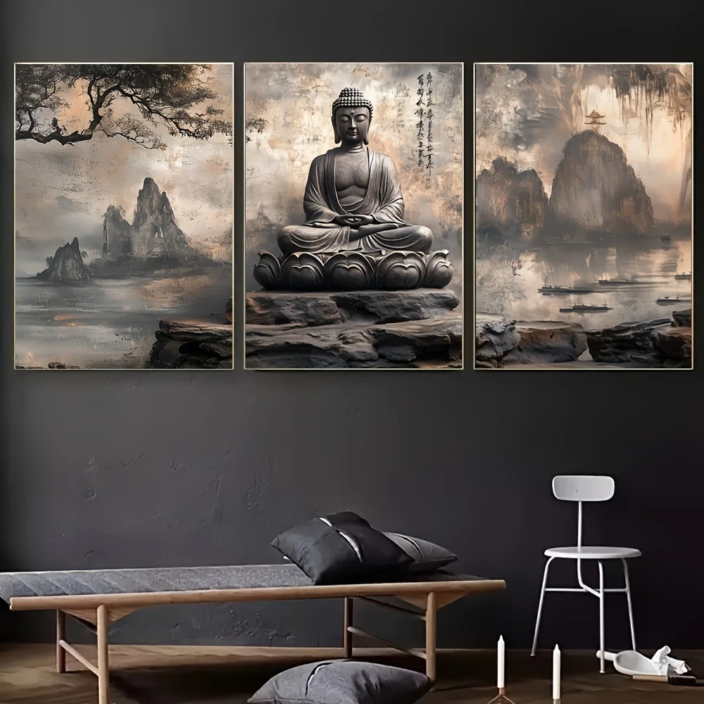 Plakaty zen z Buddą - zestaw 3 sztuki Biały