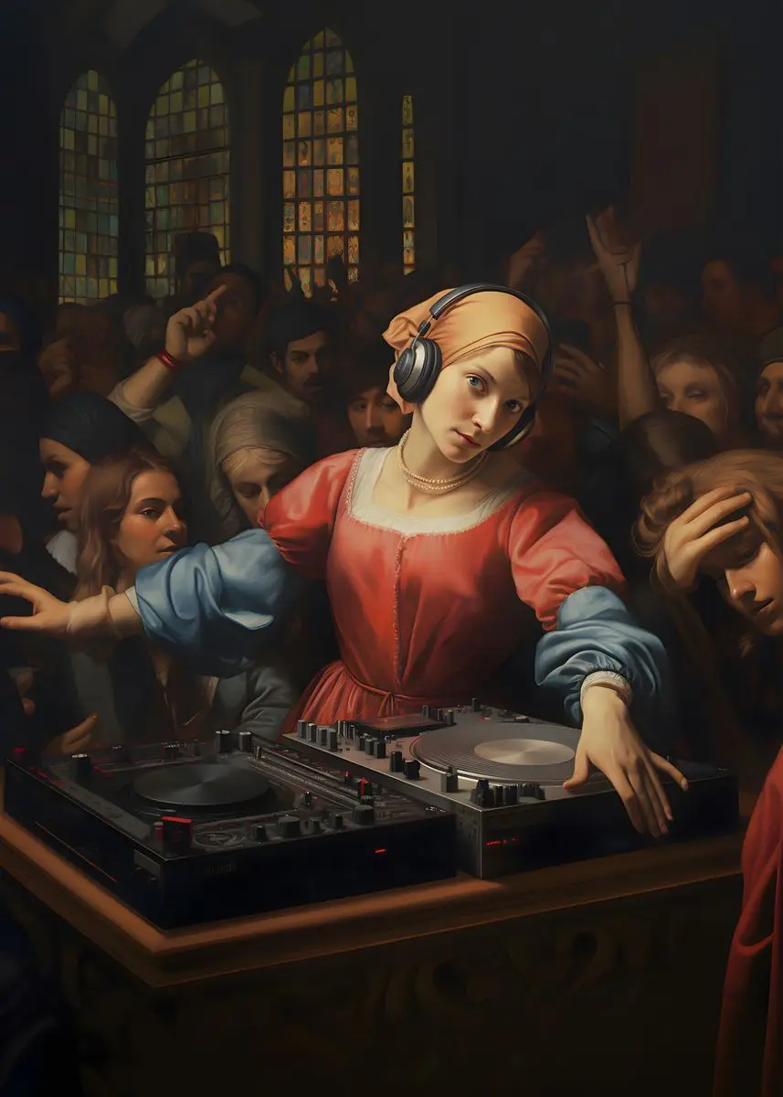 Renesansowy DJ - zabawny plakat retro na płótnie Biały
