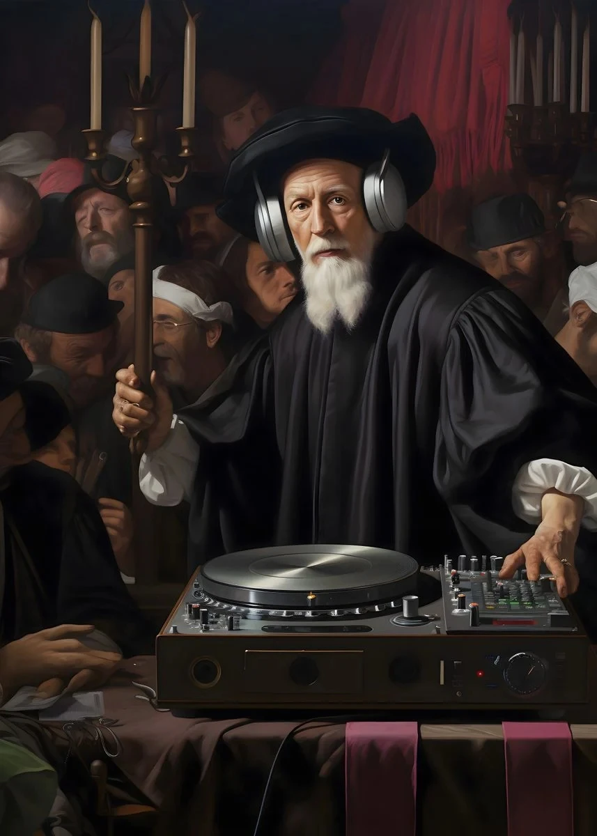 Renesansowy DJ - zabawny plakat retro na płótnie żółty