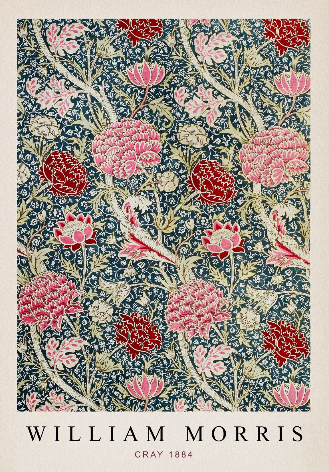 Różowa roślina - grafika w stylu Williama Morrisa Niebieski