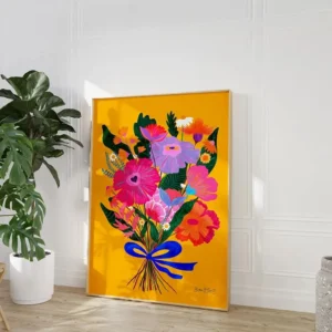 Różowe kwiaty boho - maksymalistyczny plakat kolorowy żółty