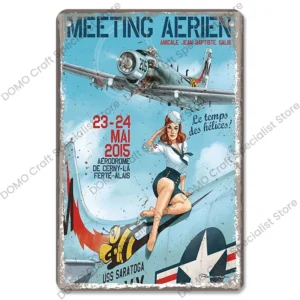 Samolot retro - metalowy plakat vintage Czerwonawo pomarańczowy