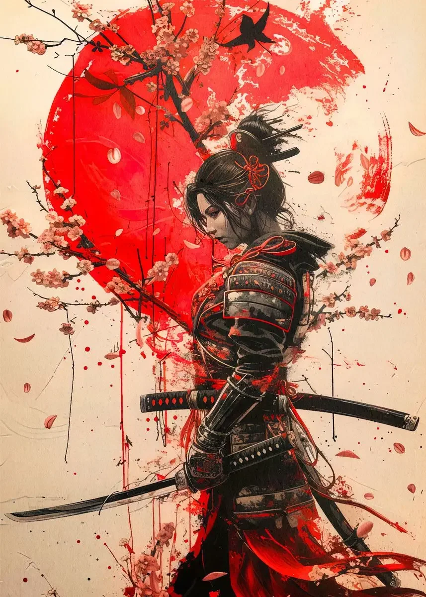 Samuraj, gejsza i kwitnąca sakura - japoński plakat Biały