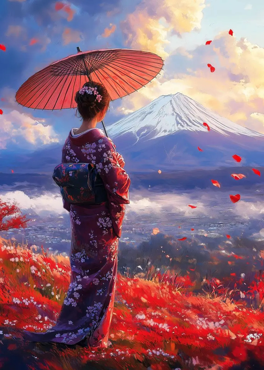 Samuraj, gejsza i kwitnąca sakura - japoński plakat Czerwony