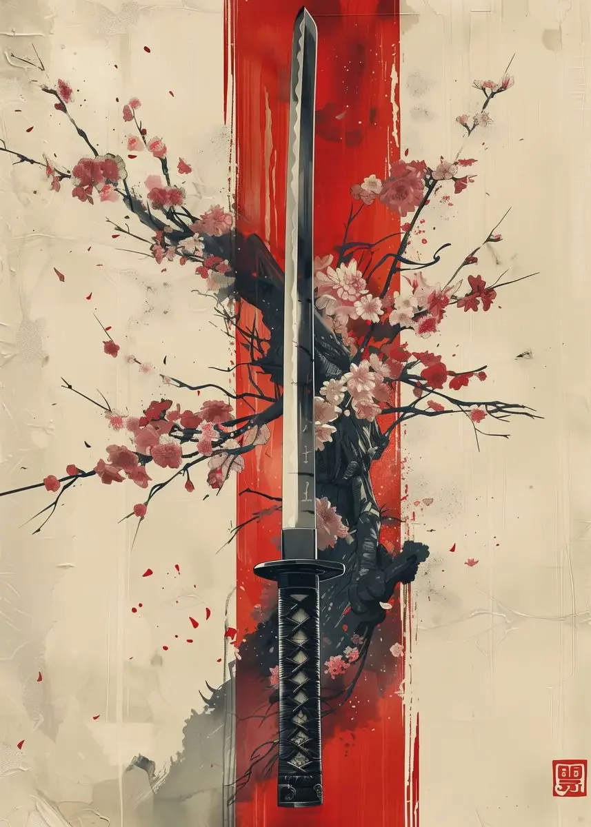 Samuraj, gejsza i kwitnąca sakura - japoński plakat Fioletowy/фиолетовый
