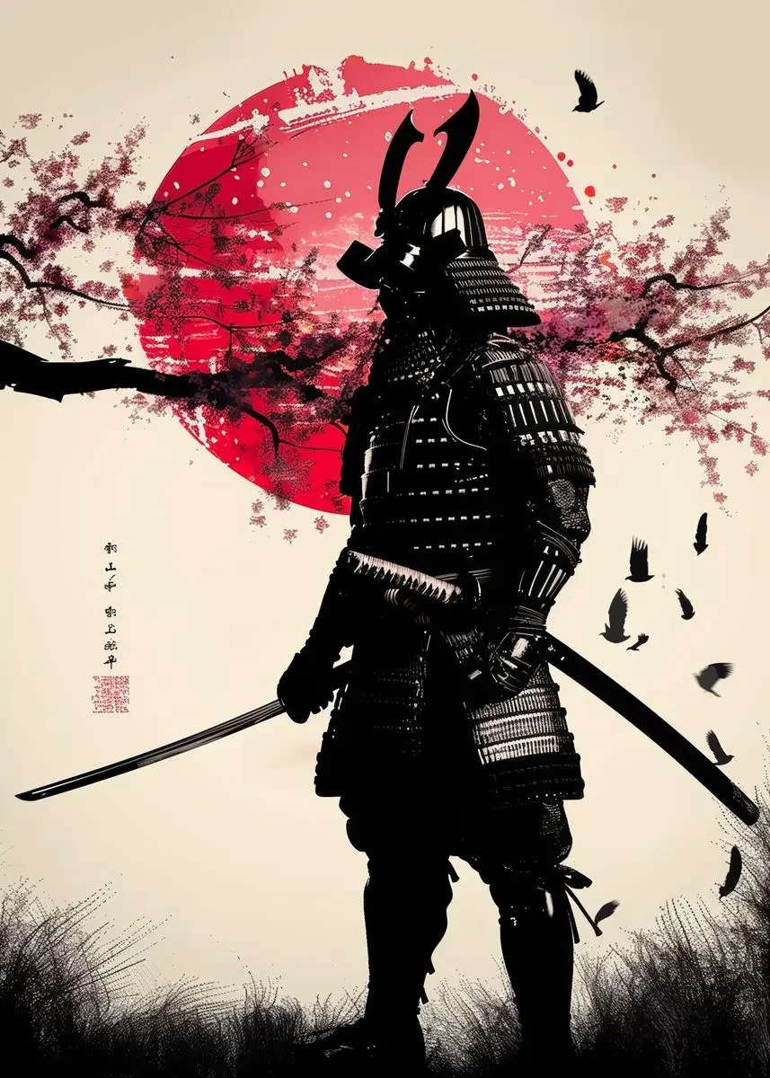 Samuraj, gejsza i kwitnąca sakura - japoński plakat Jasnozielony