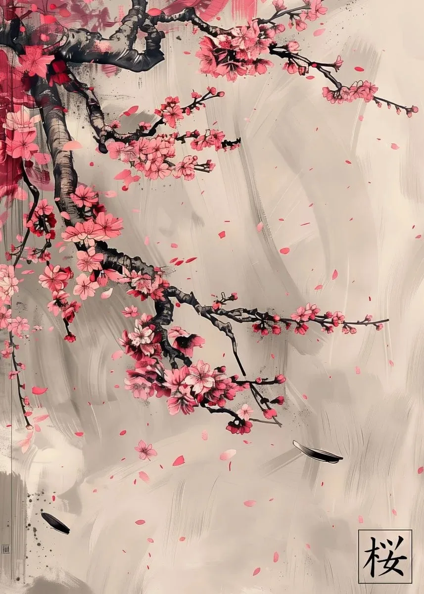 Samuraj, gejsza i kwitnąca sakura - japoński plakat żółty
