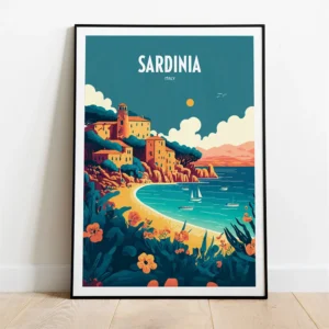 Sardynia - plakat podróżniczy z włoską wyspą żółty