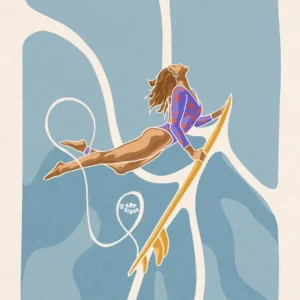 Surferka i wielka fala - plakat na płótnie Biały