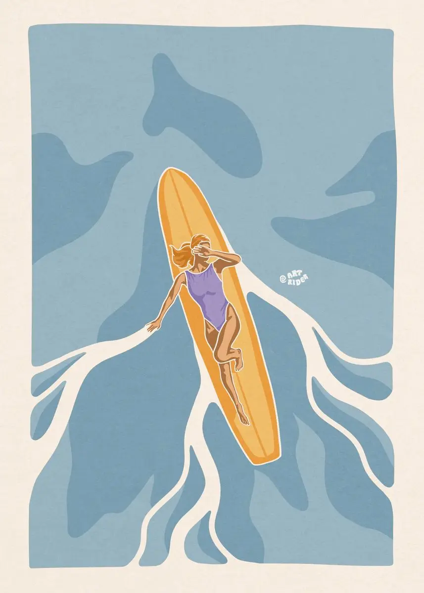 Surferka i wielka fala - plakat na płótnie Khaki