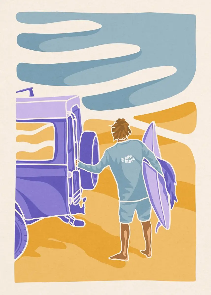 Surferka i wielka fala - plakat na płótnie Fioletowy/фиолетовый
