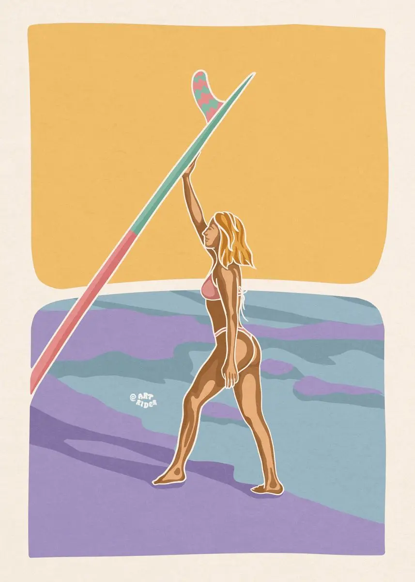 Surferka i wielka fala - plakat na płótnie Jasnozielony