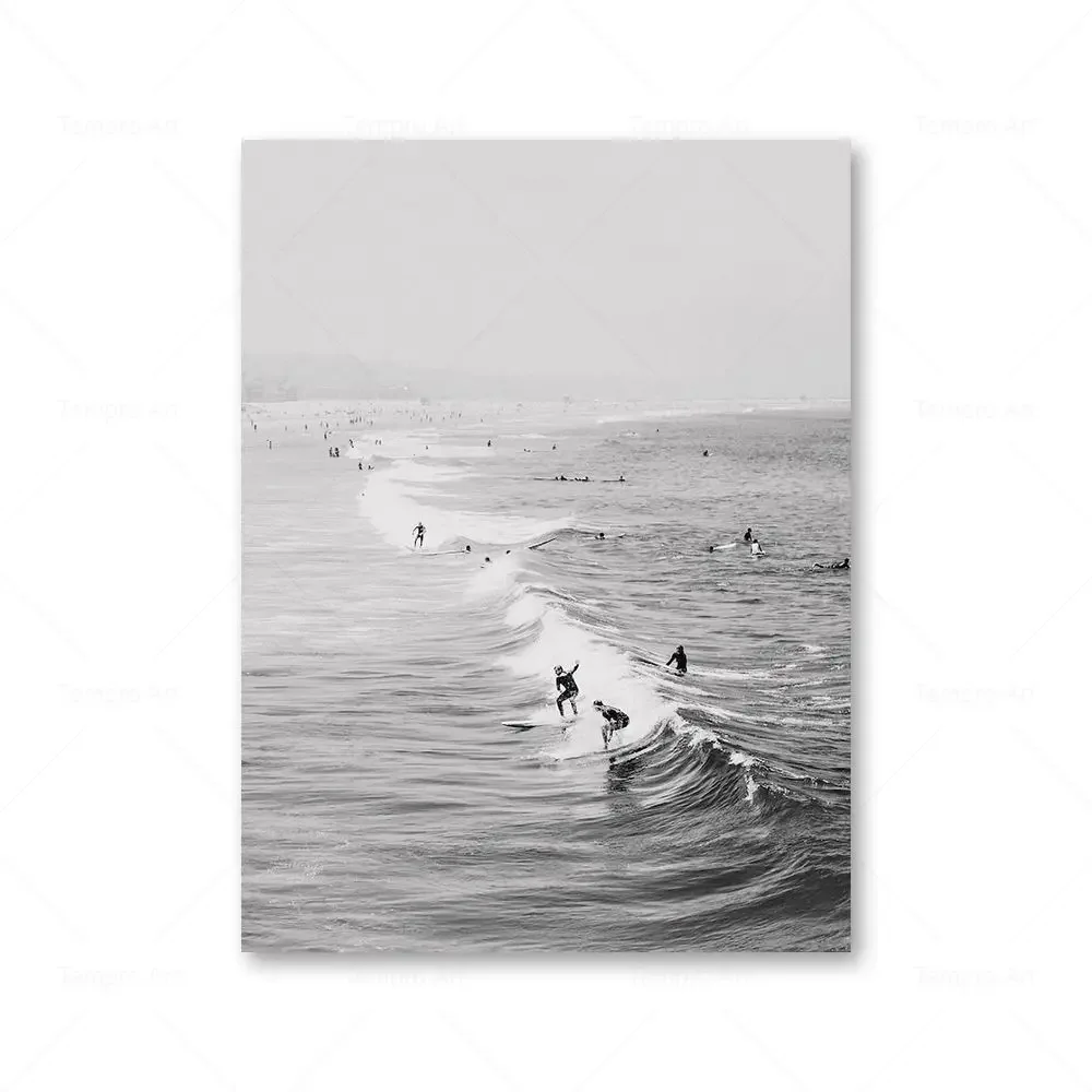 Surfing na plaży - plakat czarno-biały Niebieski