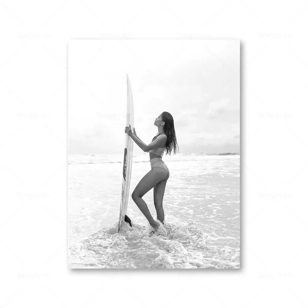 Surfing na plaży - plakat czarno-biały żółty