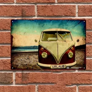 Tabliczka retro Bulli van - motyw plaży Biały