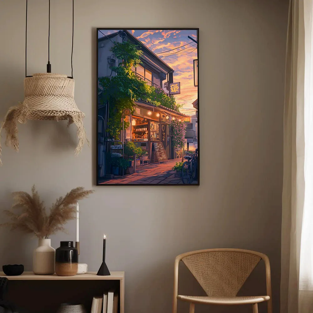 Uliczna kawiarnia i rower – plakat w stylu ilustracji Czerwony