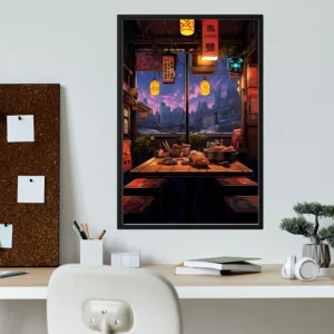 Uliczna kawiarnia i rower – plakat w stylu ilustracji Granatowy