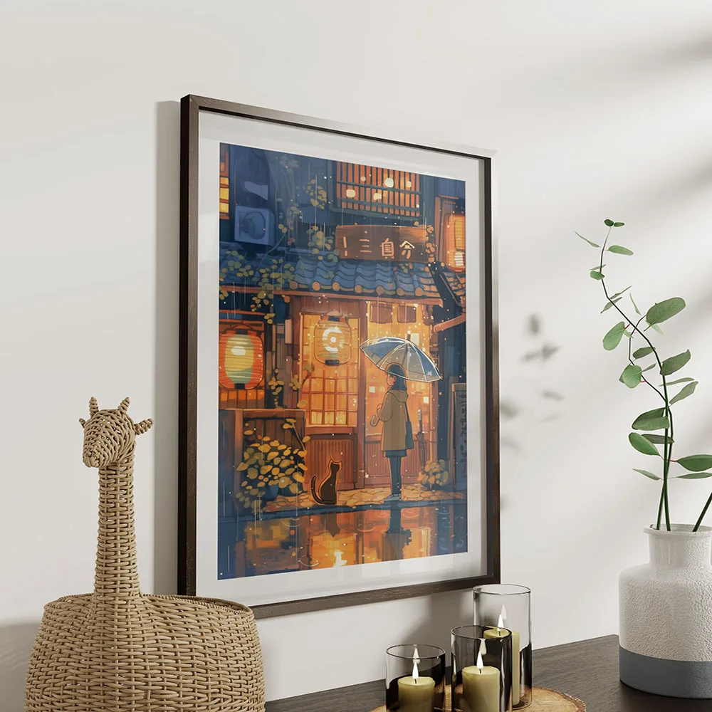 Uliczna kawiarnia i rower – plakat w stylu ilustracji Niebieski