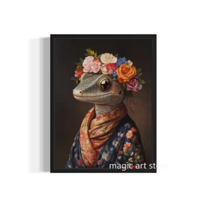 Vintage japońskie kimono ze zwierzętami – plakat śliwka