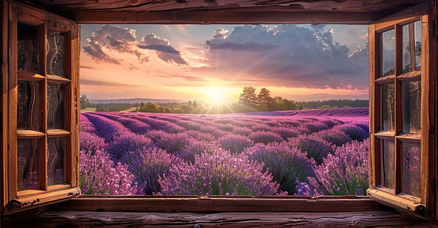 Widok z okna - plakat krajobraz z wodospadem i lawendą żółty