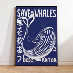 Wieloryb w błękicie - japoński plakat retro Biały