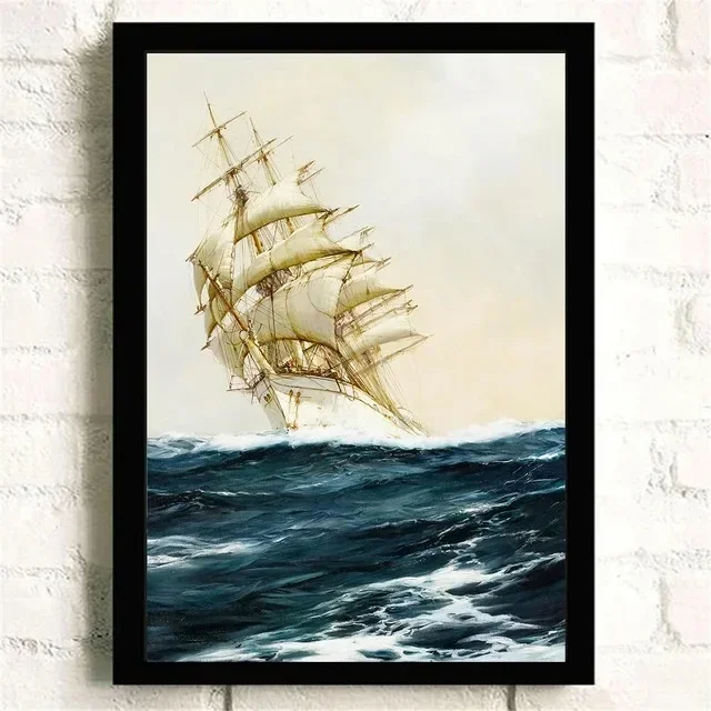 Żaglówka na wodzie - plakat vintage Granatowy
