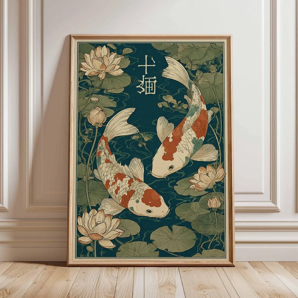 Złote rybki koi w stawie - plakat zen Armijna zieleń