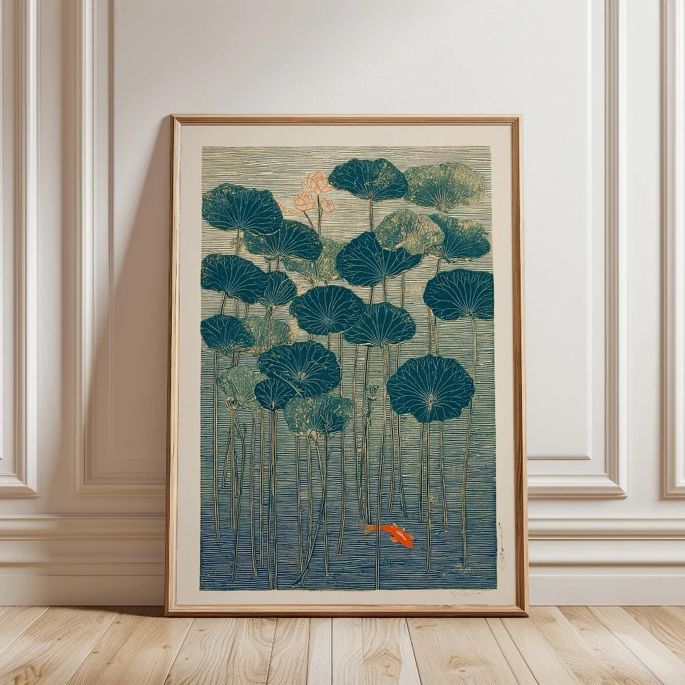 Złote rybki koi w stawie - plakat zen Błękitny