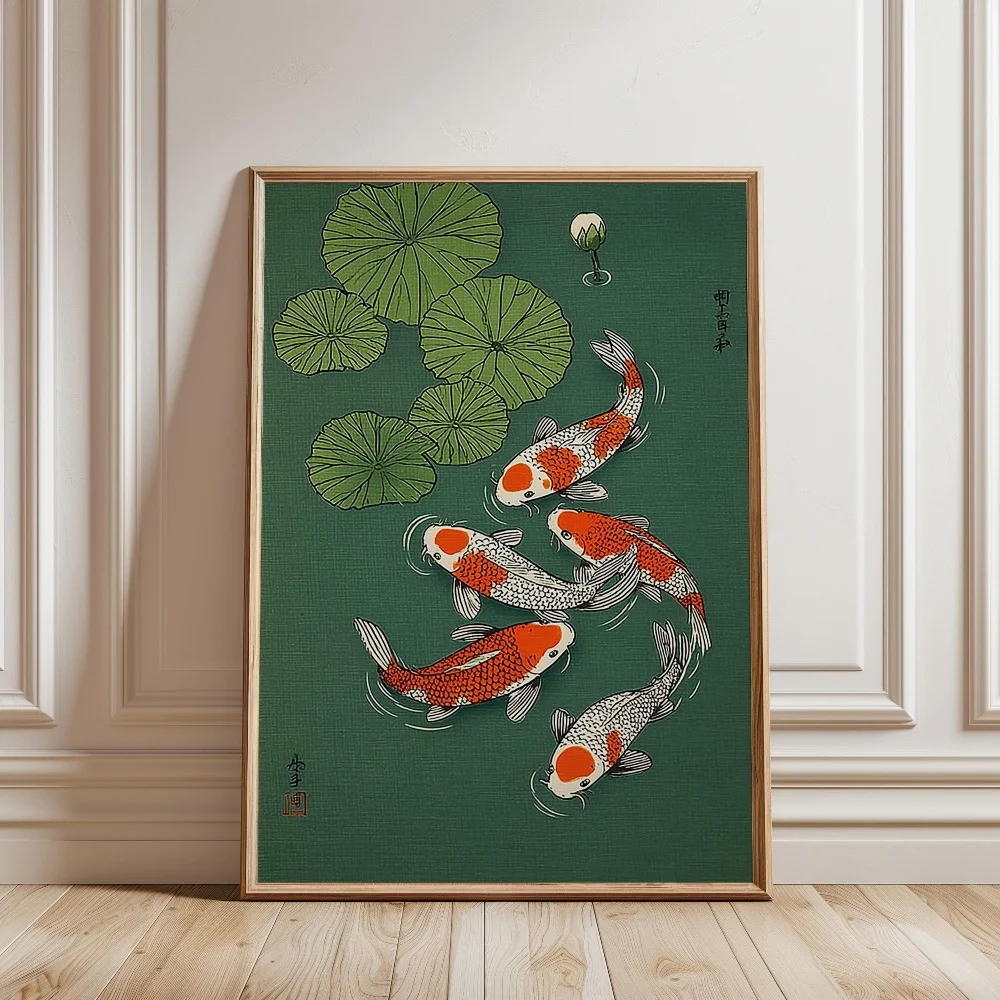 Złote rybki koi w stawie - plakat zen Królewski niebieski