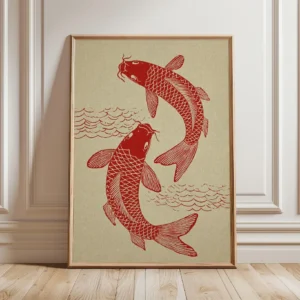 Złote rybki koi w stawie - plakat zen Srebrny