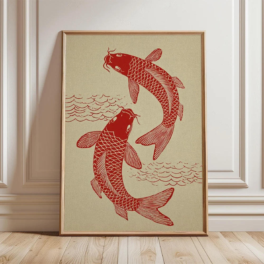 Złote rybki koi w stawie - plakat zen Srebrny