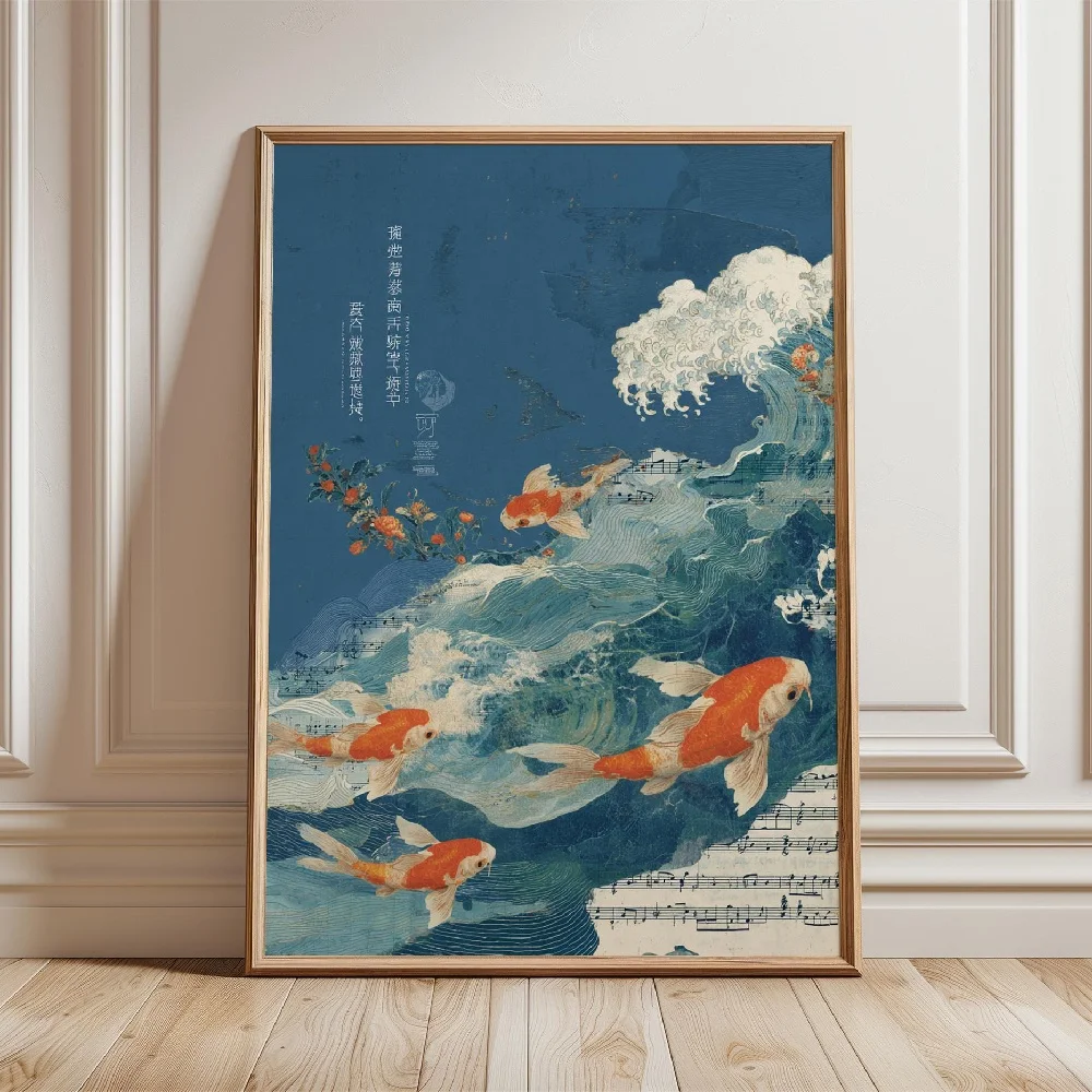 Złote rybki koi w stawie - plakat zen Szmaragdowa zielona