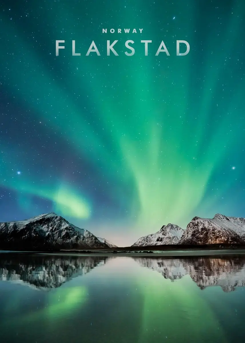 Zorza polarna nad Norwegią - plakat krajobraz Niebieski