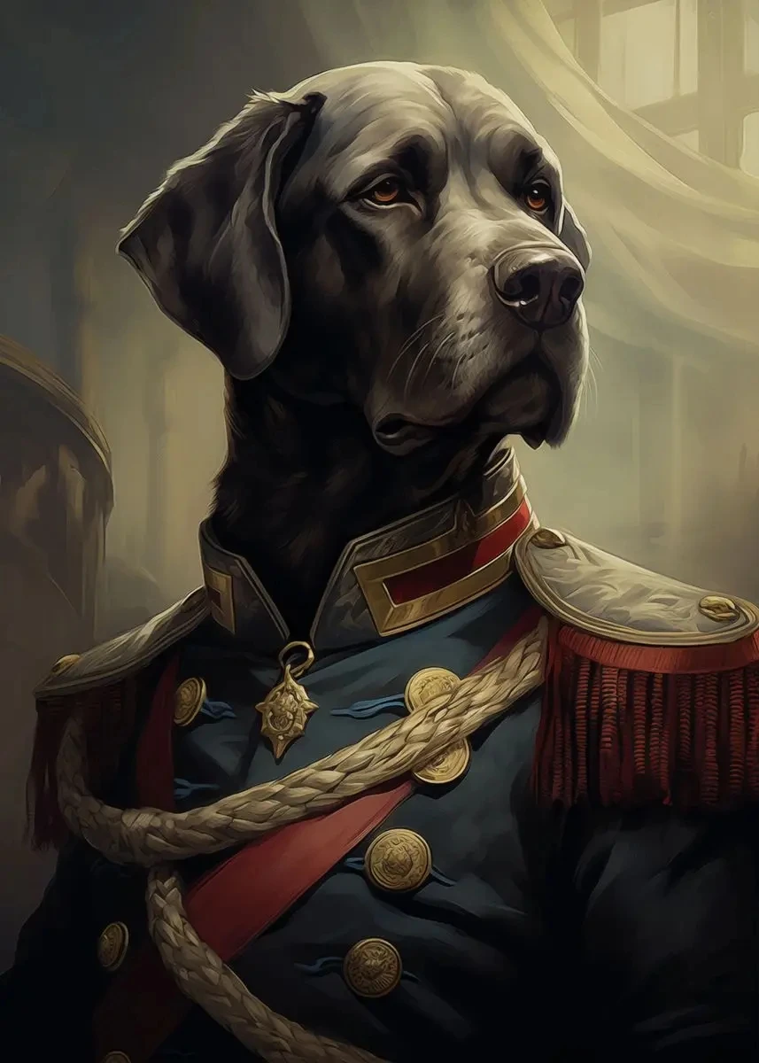 Zwierzęce głowy w stroju dworskim - plakat surrealistyczny Czarny