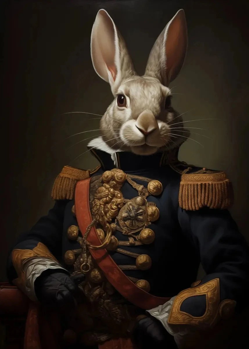 Zwierzęce głowy w stroju dworskim - plakat surrealistyczny Granatowy