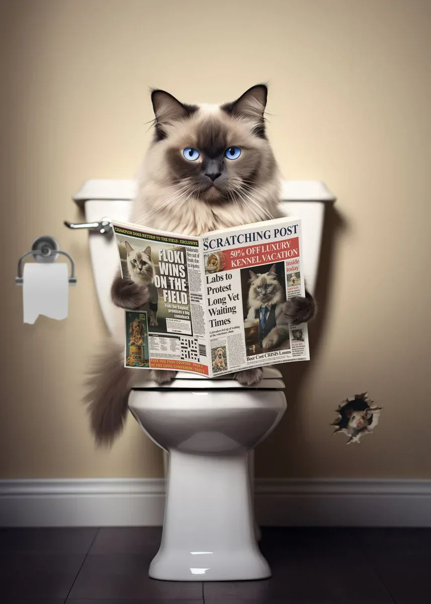 Zwierzęta na toalecie z gazetą - śmieszny plakat do łazienki Różowy
